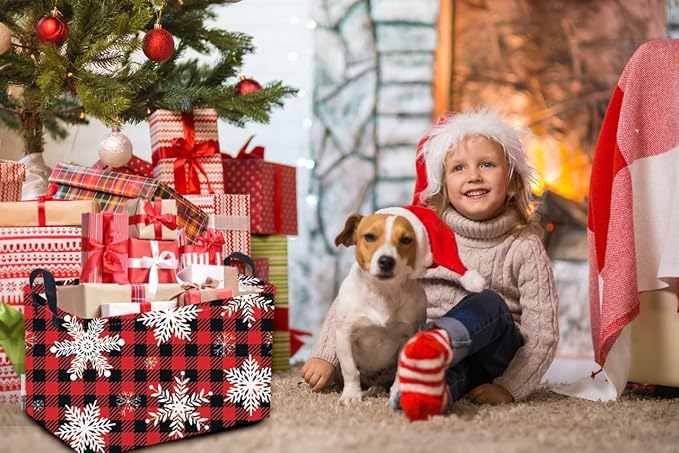 Rectangular Christmas Baskets,Snowflakes Basket Empty,Waterproof PE Coating Cute Bins for Kids with Handles,Gifts Baskets,Books Bin. (Red snowflakes)
