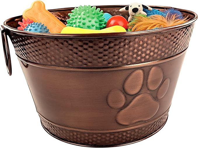 BREKX Metal Indestructible Dog Toy Bin - Chew-Proof Storage Bin | Copper Finish Farmhouse Organizer Storage Basket for Pet Toys, Blankets, Leashes with a Embossed Paw-Print
