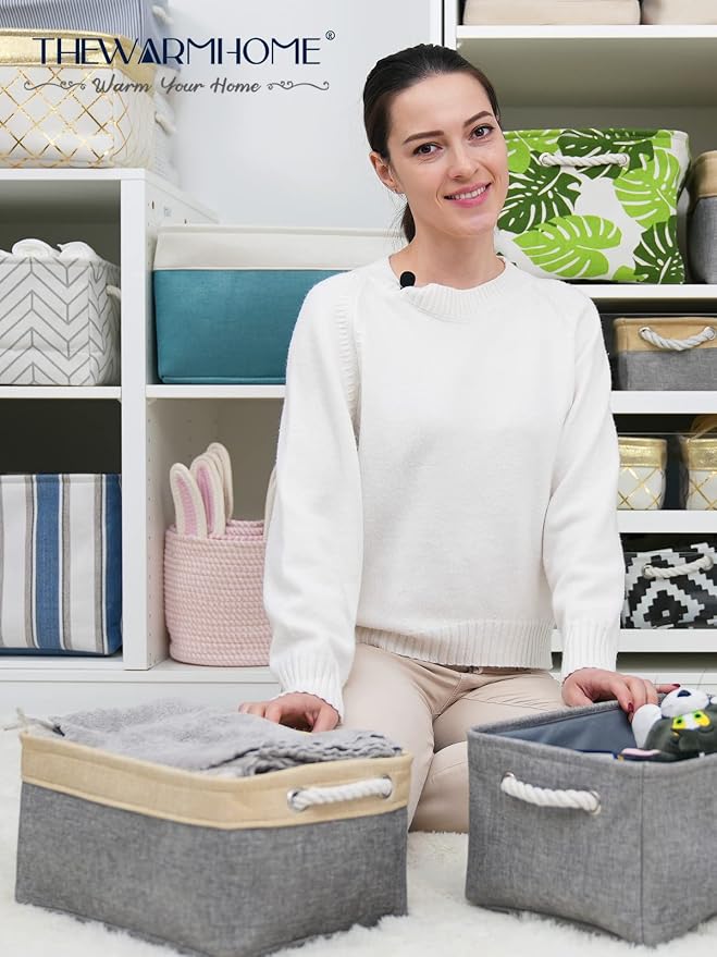 Decorative Basket Rectangular Fabric Storage Bin Organizer Basket with Handles for Clothes Storage (Gold&Grey, Medium-1Pack,13.8L*9.8W*6.7H)