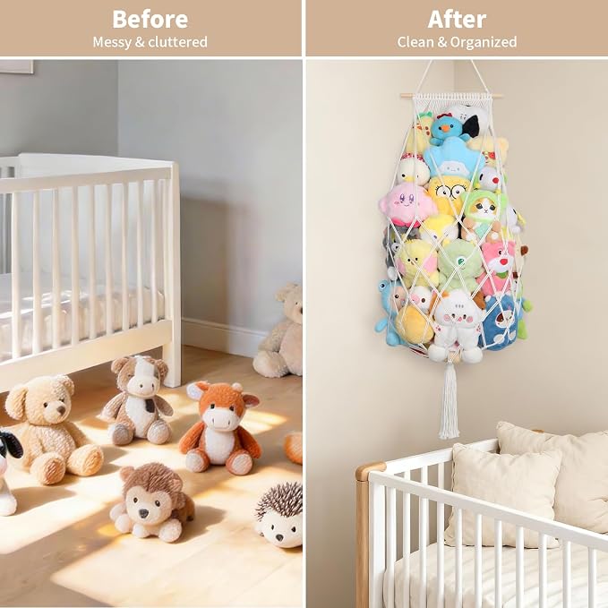 Stuffed Animal Storage Net Corner,70'' Macrame Stuffy Hammock,Cream | Wall Ceiling Over Door Hanging Stuffed Animals Hammock, Boho Macrame Stuffy Storage Holder, Nursery Playroom Kid Room Decor