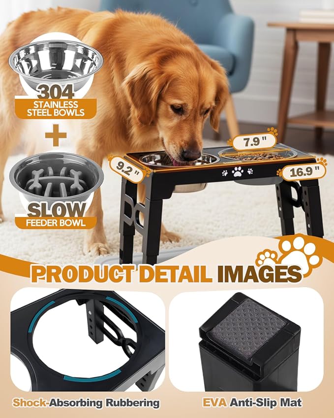 Jovrun Elevated Dog Bowls for Medium Large Dogs with Mat, Non-Slip Dog Feeder with 1*Stainless Steel Dishes & 1*Slow Feeder Bowl, 5 Heights Adjustable Raised Bowls for 3.15″-8.66″-9.84″-11.02″-12.2″