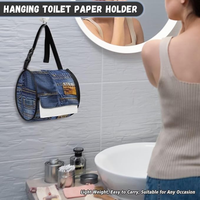 Hanging Bathroom Toilet Paper Tissue Holder Wall Mounted Tissue Towel Roll Holder with Adjustable Strap Easy Installation,Denim Patchwork Pattern