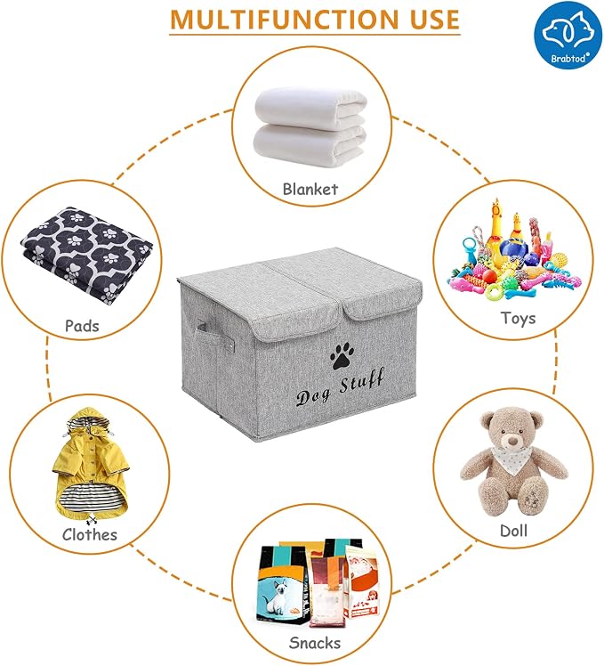 Large Dog Toys Storage Box Canvas Storage Basket Bin Organizer with Lid - Collapsible Linen Bin Ideal for Organizing Dog Cat Toys and pet stuff-PP Boad-17" x 12" x 10" - Snow Gray