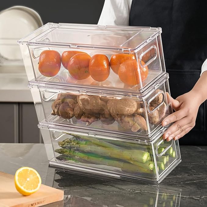 7Pack Clear Fridge Drawer Organizer Pull out Bins Stackable Refrigerator Organizer Bins with Handle for Kitchen Cabinet Organization Divided Produce Saver Container for Fruit Veggie Egg