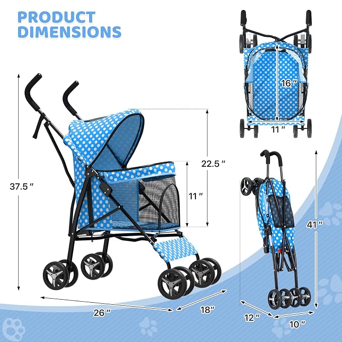 Magshion Compact Fold Pet Travel Stroller for Small Dogs Cats | Up to 22lbs, 4-Wheel Lightweight Umbrella Shaped Design, Safety Tethers, Breathable Mesh, Cup Holder & Rear Storage