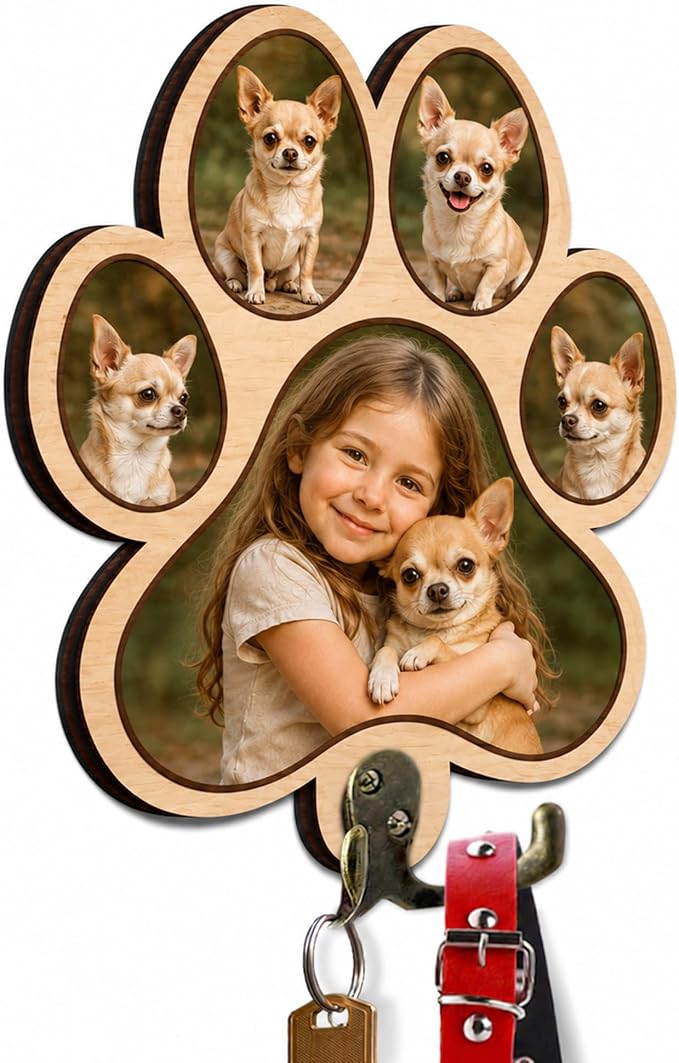 Personalized Paw Print Leash Holder for Wall Mount, Custom Wooden Dog Key Holder with Custom Photo, Pet Collar and Harness Organizer for Entryway, Key Hook Gift for Pet Lovers & Dog Owners, Home Décor