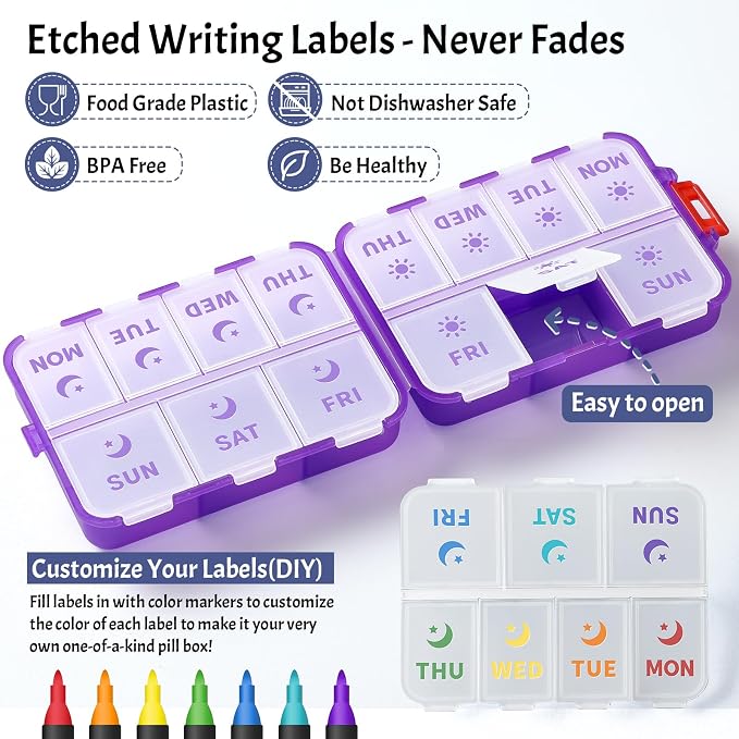 NEW Foldable & Double Protection Portable Weekly Pill Organizer 2 Times A Day with Etched Labels, AM PM 7 Day Week Medicine Box, Daily Travel Pill Case Dispenser for Vitamin, Supplement - Clear Purple