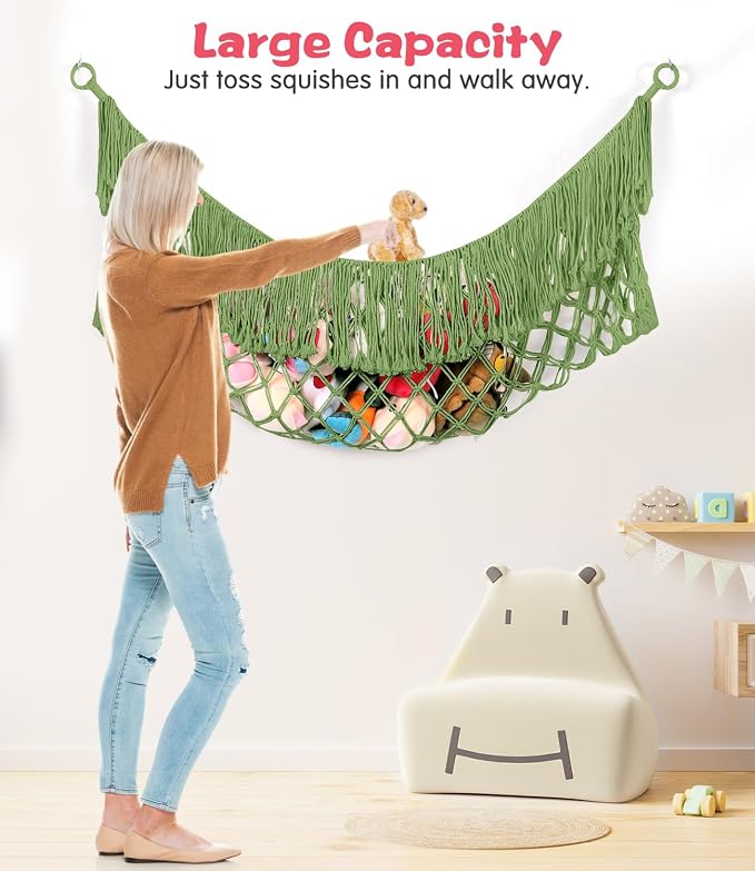 Stuffed Animal Hammock - Extra Large 56'' Long (Avocado green) | Premium Cotton Hand-knitted, Beautiful Long Tassel, Storage Hanging Organizer, Can Fit Stuffed Animals 30 Piece or More