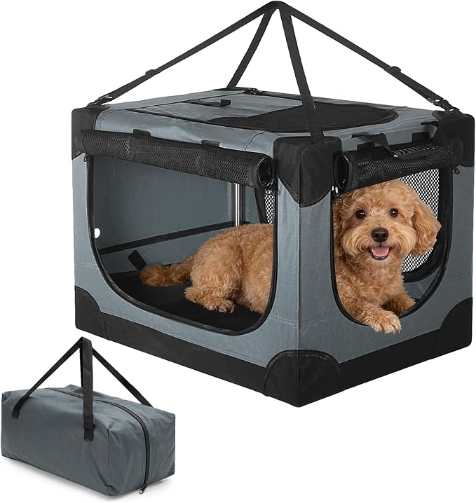 24 inch Small Dog Crate - for Small Dogs, Portable Travel Pet Crate with 4 Mesh Doors, Foldable Car Kennel for Puppy with Handle for Indoor and Outdoor, Gray