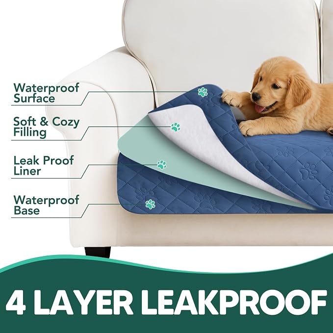 PAWFINITY Waterproof Couch Covers for Dogs, Pet Blanket for Sofa Washable | Paw Print Quilted, Hair Resistant, Anti Cat Scratch, Pee Proof Furniture Protector for 3 Seat Sofa and Bed, 30x80 Inch, Blue