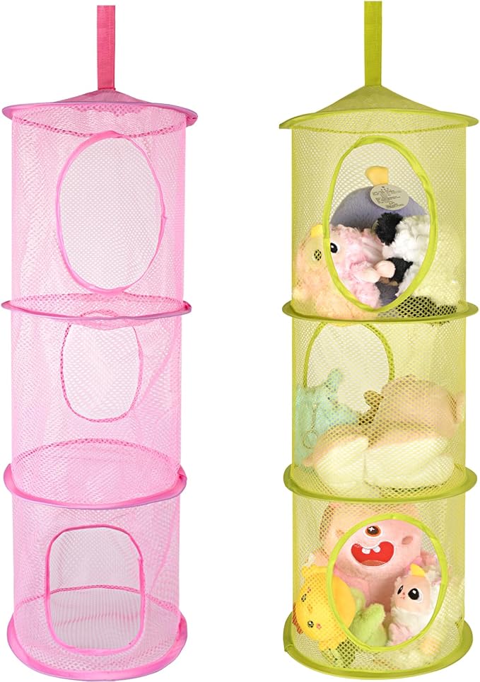 Hanging Mesh Stuffed Animal Storage - 3 Tiers 2 Pack Large Stuffed Animal Net Organizer, Foldable Space Saver Bags Plushie Basket Organization Holder Room Bedroom Playroom Wall Pink & Green