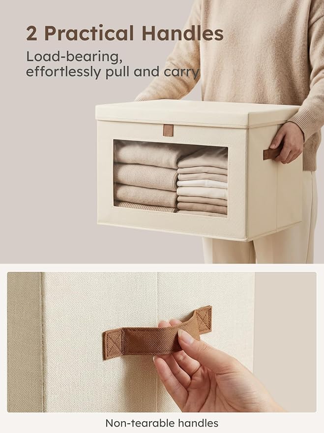 Large Closet Storage Organizer - Clothes Storage Bins with Handles & Window, Collapsible Decorative Boxes with Lids, Fabric Containers for Living Room, Dorm, 2 Pack, Beige