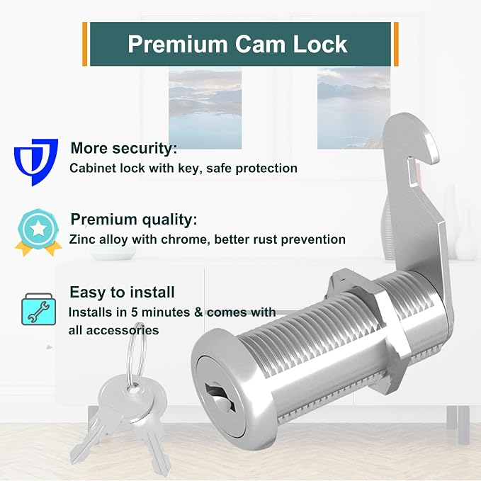 6 Pcs Cabinet Locks with Key, 1-1/2" Cabinet Lock Keyed Alike Cam Lock, Mailbox Lock Replacement Secure File Drawer Tool Box RV Storage Locks, Zinc Alloy