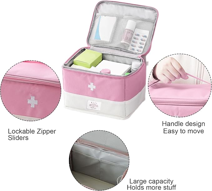 Travel Medicine Bag Organizer, Medical Bag Empty for First Responder Storage, Emergency Medical for Home, Travel, Camping, Car, Hiking & Outdoor Emergencies (Pink)