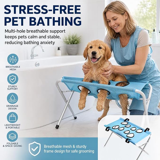 Dog Grooming Hammock, 2-in-1 Foldable Pet Bathing Bed with Stand，Blue | Pet Grooming Hammock, Dog Bath & Paw Wash Sling for Small Large Dogs, Nail Trimming, Shower Hammock, Foldable Stand