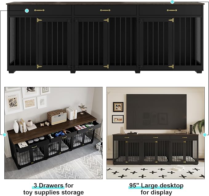 Dog Crate Furniture - Indoor Wooden Dog Kennel Crate with 2 Dividers, 3 Drawers, and 3 Lockable Doors, 95"x23.6"x31.5"H, Black