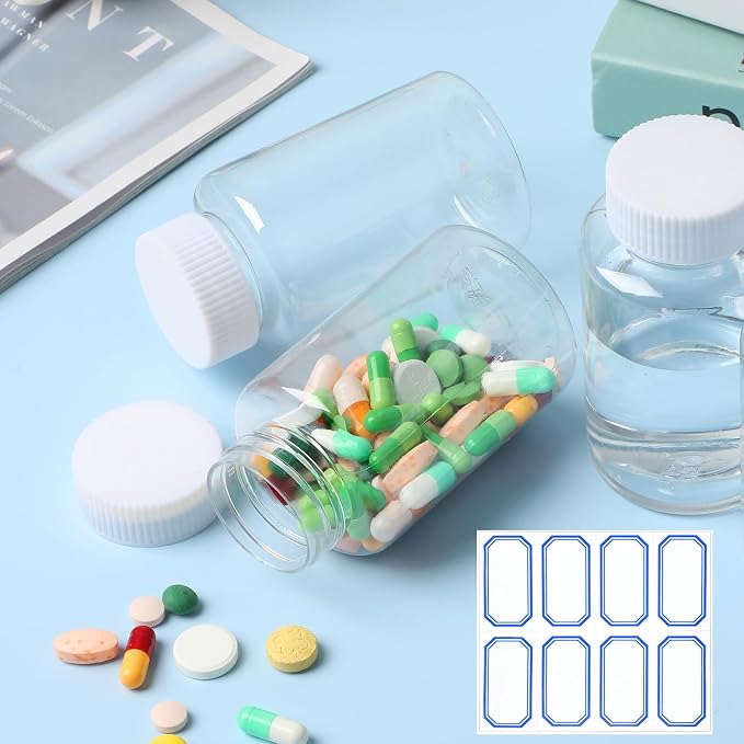 Sibba 6-Pack Clear Pill Organizer Bottles 150ML Large Capacity Medicine Storage Jars with Leak-Proof Caps, Transparent Reagent Containers for Powder, Toiletries & Counter Labels