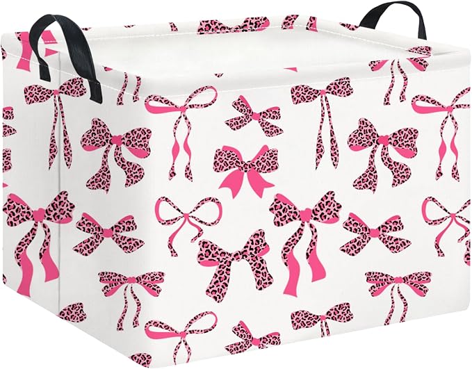 Rectangle Storage Basket with Handles,Collapsible Storage Bin,Books Box,Gift Basket(Pink Leopard Print Bowknot)