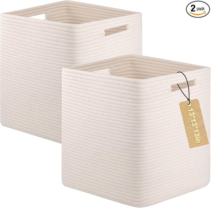 OIAHOMY 2 PACK Cube Storage Bin 13 Inch Collapsible Storage Cube White | Cube Storage Organizer Storage Bins for Shelves Baskets for Organizing Woven Rope Storage Baskets