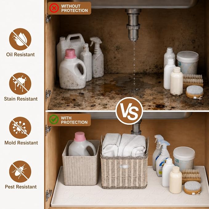 34"x22" Waterproof Silicone Under Sink Mat Drip Tray(Cream Brown) | Non-Slip Silicone Sink Liner & Drip Tray with Raised Edges, Versatile Floor & Cabinet Protector for Pets & Utility Area