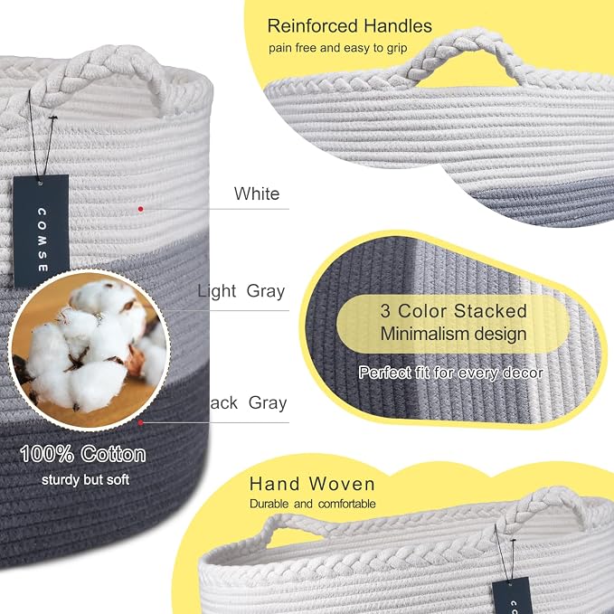 COMSE Large Woven Blanket & Laundry Basket, 87L, White & Gray | 21.7" x 13.8", Cotton Rope, Nursery Hamper for Storage of Toys Clothes Towels, Ideal for Living Room Bedroom Bathroom