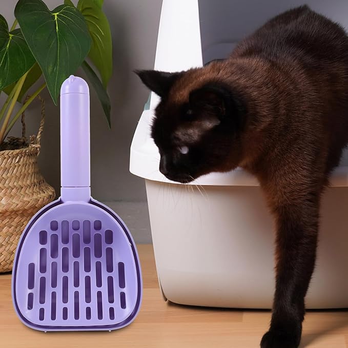 Cat Litter Scoop with Holder, Plastic Litter Cleaning Shovel for Poop, Multi-Functional Wall-Mounted Pet Waste Scooper with Base, Purple for Household Cat and Dog Use