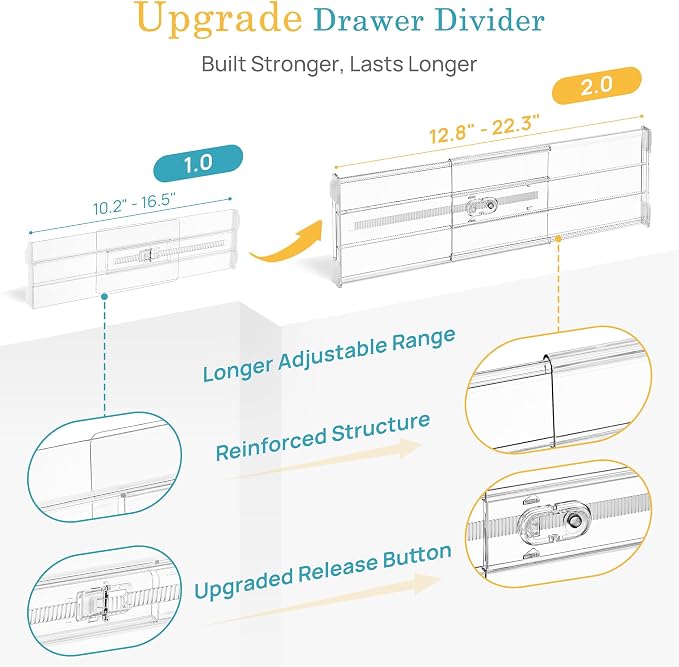 Vtopmart 6" Tall Upgrade Drawer Dividers, 12.8"-22.3" Expandable, 6 Pack | Deep Drawer Organizer, Big Drawer Separator, Clear plastic Adjustable Storage Divider for Dresser, Baby Supplies, Kitchenware
