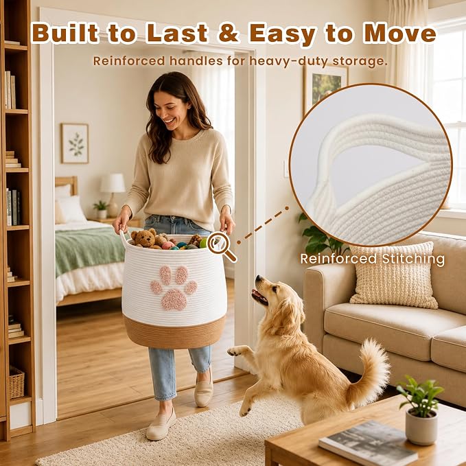 Large 17.7" Cotton Rope Pet Toy Storage Basket with Cute Paw Print - Woven Dog Toy Bin & Cat Organizer - Soft Round Hamper for Puppy Blankets, Treats, Nursery & Living Room Storage