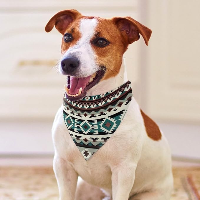 Adjustable Comfy Pets Triangle Scarf for Small, Medium, Large Dogs and Cats Running, Walking, Outdoor Activities Use (Teal Turquoise Tribal Navajo Aztec Geometric Ethnic Pattern)