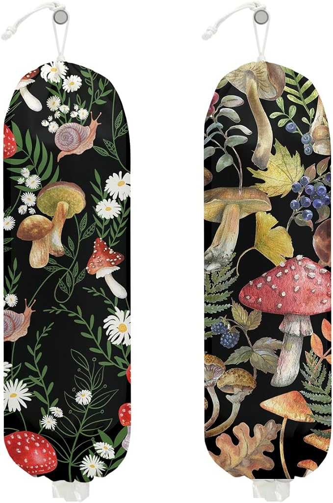 Mushroom Plastic Bag Holder, Wall Mount Grocery Bag Holder for Plastic Bags | 2Pcs Summer Leaves Reusable Shopping Bags Storage Dispenser for Home Kitchen Pantry, Mushroom Gifts for Women