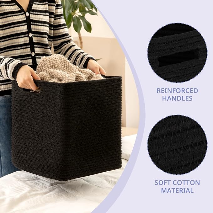 OIAHOMY 2 PACK Cube Storage Bin 13 Inch Collapsible Storage Cube Black | Cube Storage Organizer Storage Bins for Shelves Baskets for Organizing Woven Rope Storage Baskets