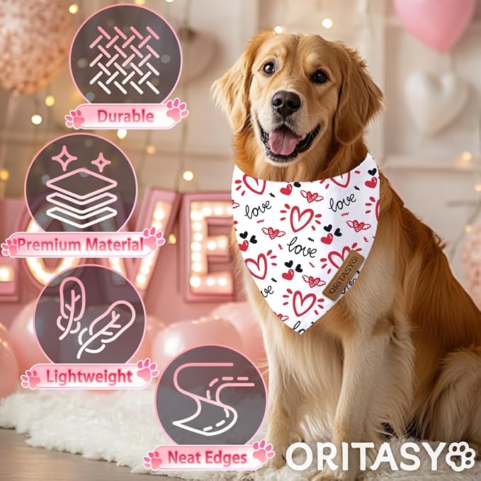 Valentines Day Dog Bandanas, 2-Pack Triangle Reversible Valentine Pet Scarves, Premium Fabric, Bandana for All Boys Girls Dogs (XL, Style 2)