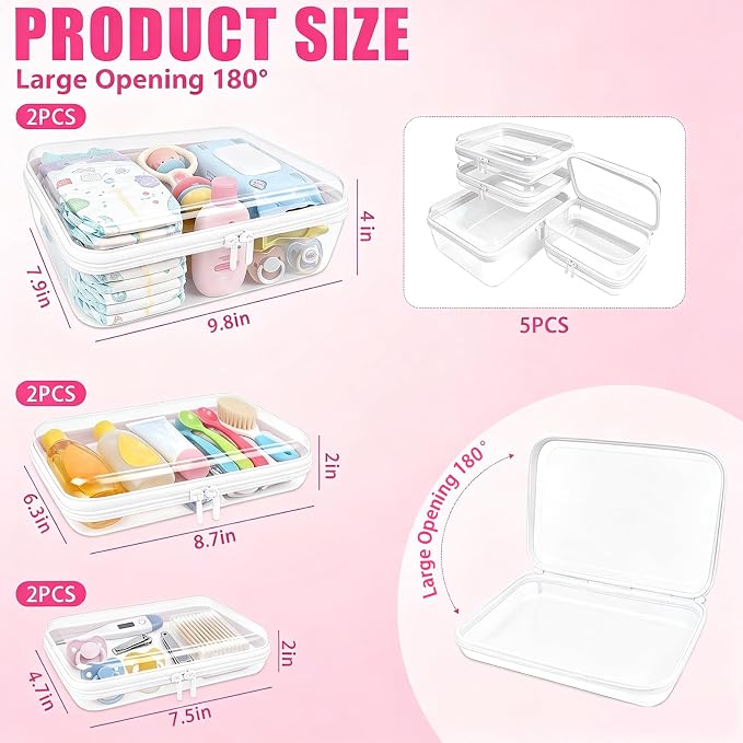 Clear Diaper Bag Organizer Pouches, Hard Shell Zipper Case for Baby Travel | 5 Pack Rigid 1.2 mm Clear PET Waterproof Organizer Pouches, Multi-Size Zipper Cases for Baby Essentials, Diapers Wipes