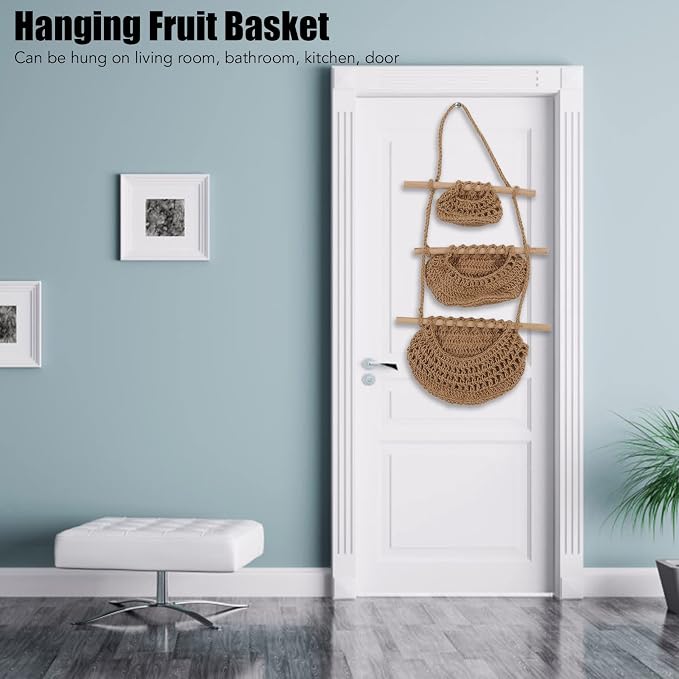 3 Tier Hanging Fruit Basket, Wall Mounted Hemp Rope and Wood Organizer, Handcrafted Over The Door Storage for Toys Pet Plush Dolls Kitchen Bathroom Living Room