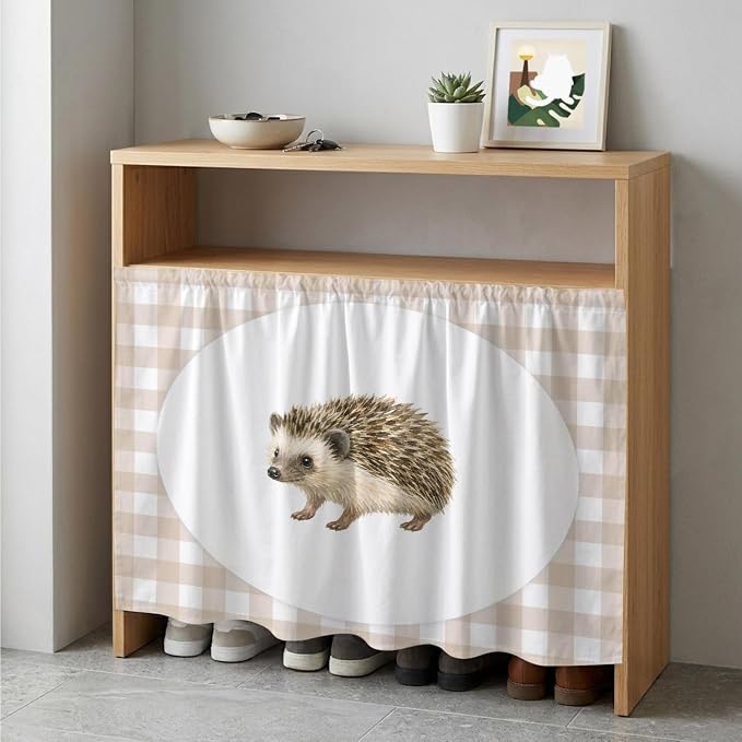 Hedgehog Cabinet Dishwasher Hidden Curtains, Privacy Closet Door Curtain, Modern Farmhouse Linen Checked Animal Adhesive Dust Proof Under Sink Skirt for Bathroom Kitchen 35"x35"