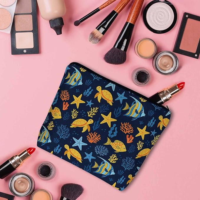 Sea Animal Makeup Bags Makeup Organizer, Ocean Sea Turtle Starfish Seaweed Flax Toiletry Bags Travel Cosmetic Bag Makeup Purse Pouch Skincare Bag Wallet Bags For Women Female Mom Daughter
