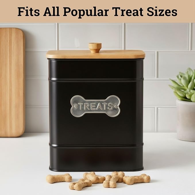 Dog Treat Container Airtight, 6"W x 8"H, Powder Coated, 12 Cup Capacity | Fits All Popular Treats, 12 Cup Capacity, Airtight Bamboo Lid, Easy Open Lid, Dent-Resistant Durable Metal