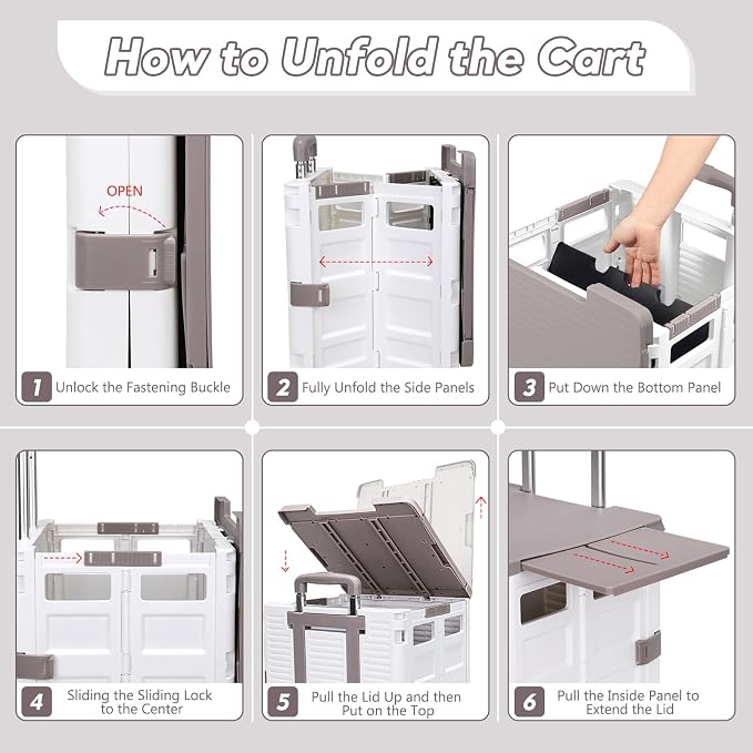 FELICON SELORSS Folding Utility Cart Portable Rolling Crate Handcart-White | Adjustable Handle+Extended Magnetic Lid,Storage Basket Box,4 Swivel Wheels Tote for Teacher Move Shop Travel Grocery Office