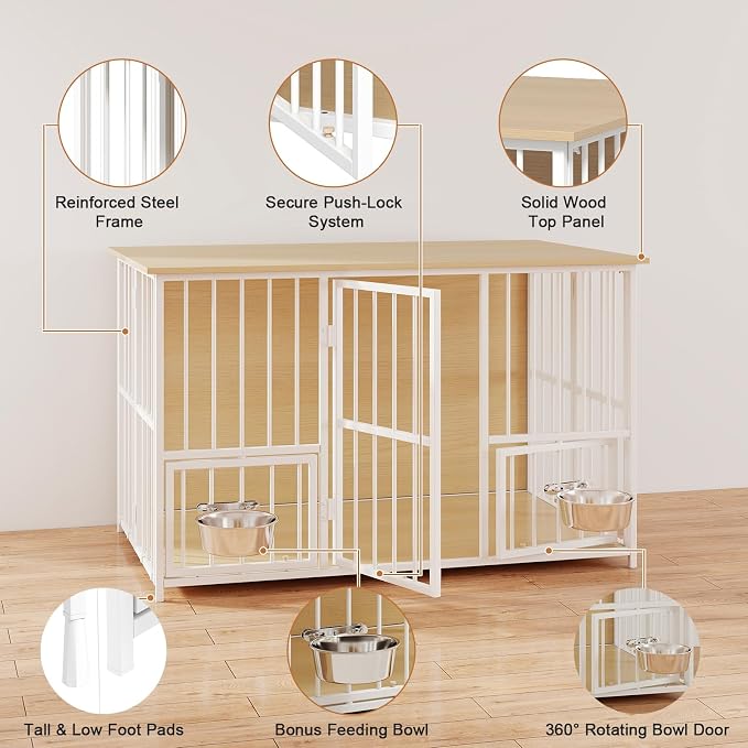 Hadulcet 41'' Foldable Dog Crate Furniture, Large Dog Kennel with 2 Bowls | Wooden Crate Table with Storage Top, Furniture Style Indoor Kennel for Small to Large Dogs with Rotating Food Door, Oak