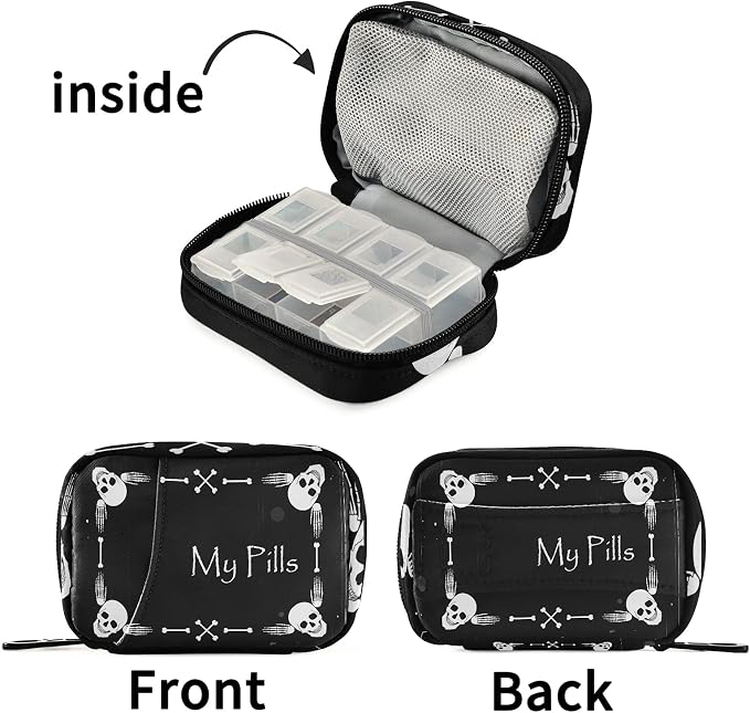 Halloween My Pill Box 7 Day Skull Pill Case Travel Pill Organizer Bag with Zipper Portable Weekly Case Compact Size for Vitamin Supplement Holder