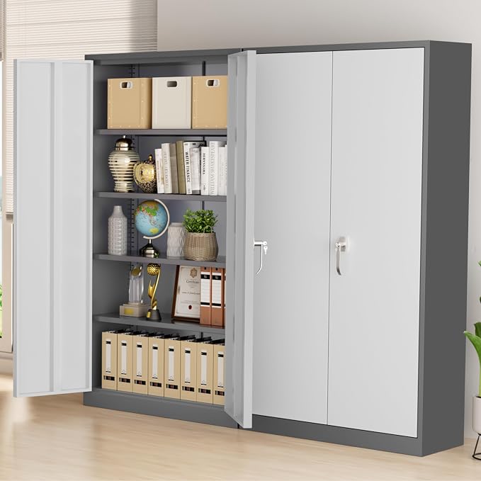 Greenvelly Metal Storage Cabinet with Doors and Shelves, 72" Inch Locking Metal Cabinet,Garage Storage Cabinet for Garage Office School Warehouse (White Gray)