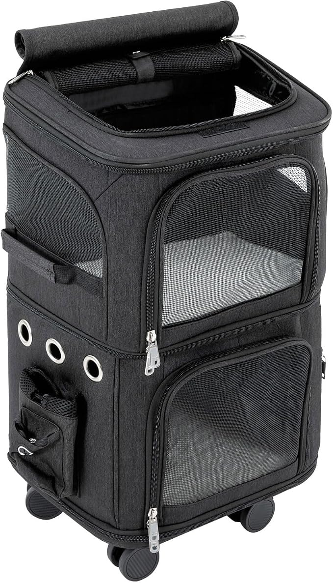 2-Tier Rolling Pet Carrier for Cats & Dogs, Removable Divider, Telescopic Handle, 4 Wheels, Breathable Mesh, Foldable, Large Portable Travel Crate with Side Pockets, 22lbs Capacity,Black