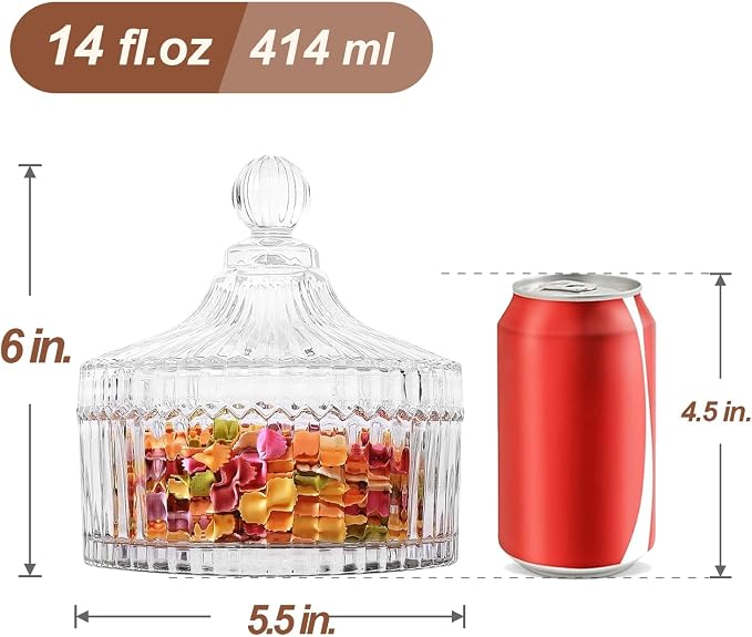 ComSaf 14oz Glass Candy Dish with Lid for Office Desk Small Jar Clear Cute | Covered Candy Storage, Coffee Table Office Desk Bathroom Vanity Decor, Countertop Display, Wedding Favors, Living Room Decor