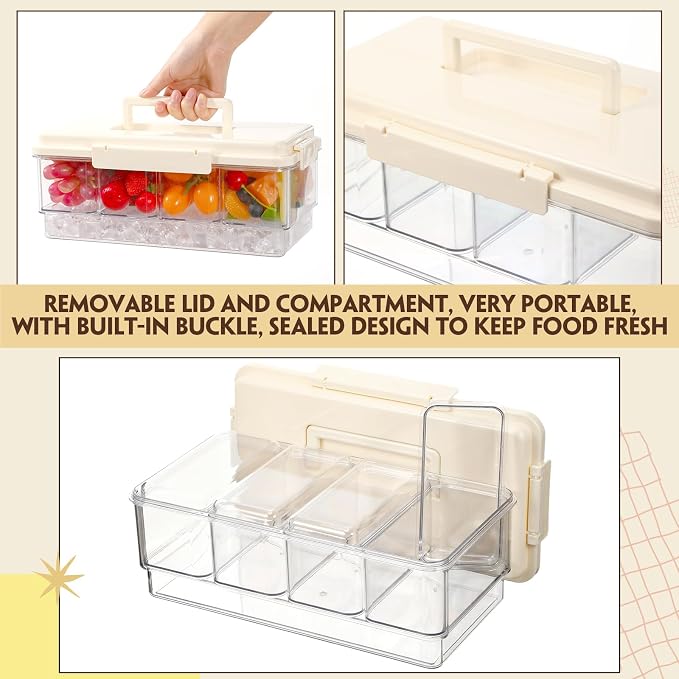 Chilled Condiment Caddy with Handle 4 Containers Taco Bar Serving set for a Party 1 Tong, 1 Ice Scraper, 4 Metal Forks, 20 Spoons for Mimosa Bar Supplies Accessories(Beige)