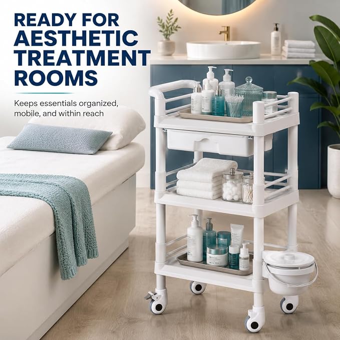 Rolling Utility Cart,Qiwey Utility Cart with Big Drawer,3-Tier Esthetician Cart with Wheels for Beauty Salon SPA Commercial Hospital Office Lab Cart White