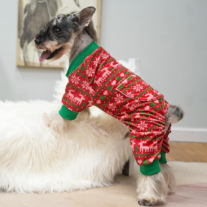 PUPTECK Soft Fleece Dog Pajamas for Small Medium Dogs, Dog Onesie Puppy Sweaters Clothes Jumpsuit Pjs, Cute Jammies Cat Coat Pet Costume Apparel, Red&Green XXL
