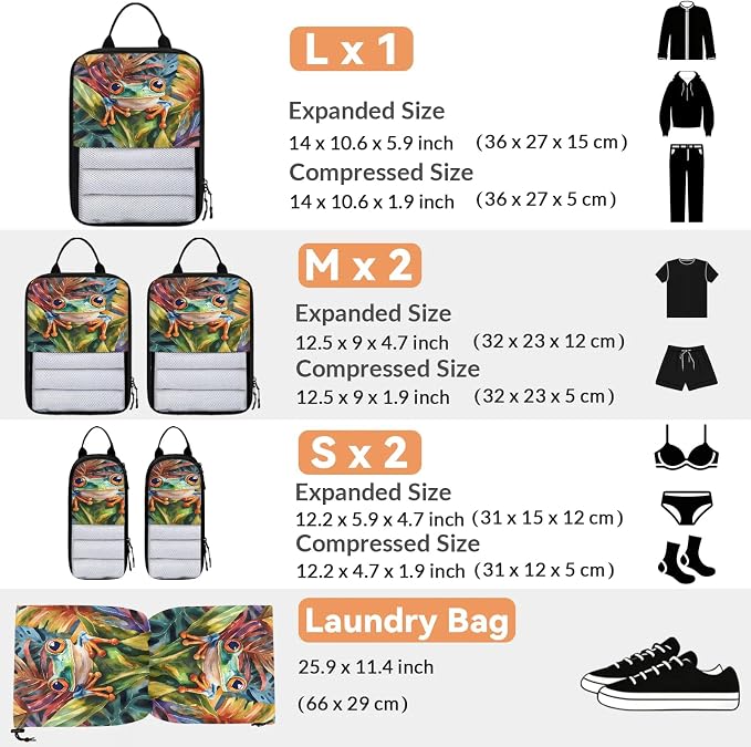 Green Frog 6 Set Compression Packing Cubes Cute Cartoon Frog Expandable Packing Organizer for Travel Accessories Luggage Suitcase Bag