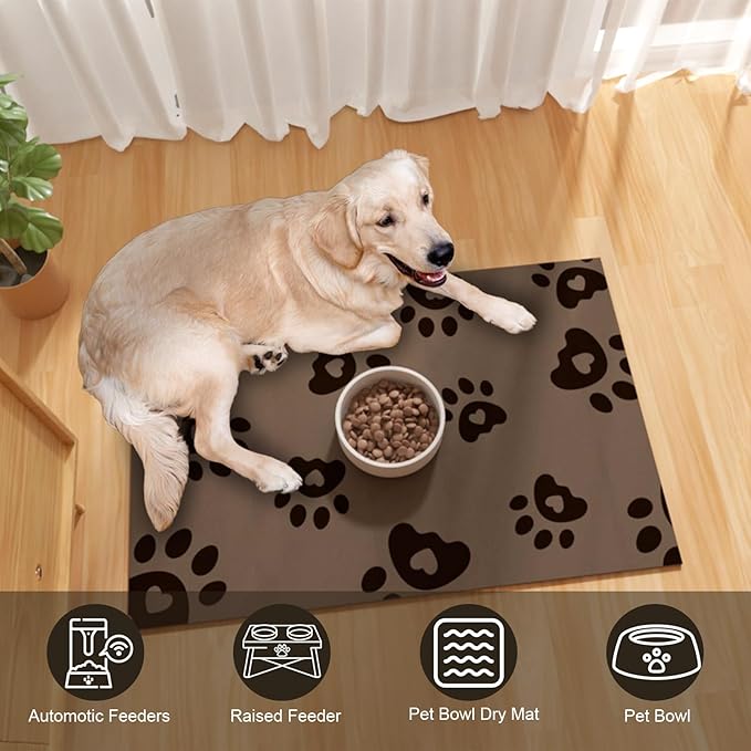 BLESWIN Pet Feeding Mats 16"x24", Water Absorbing Mat for Dog Bowl, Dog Dish Mats for Floors Waterproof, Non Slip Mat for Dogs, Pet Water Mat Protect Floor, Cat Mat for Food and Water, Brown