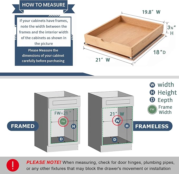 Pull Out Cabinet Drawers - 6x2 Size Options (12-23'W,18-21'D), Pre-Assembled with Soft Close Slides, Solid Beechwood, Easy Installation(21'W x 18'D)