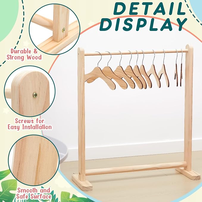 Barydat 2 Pcs Small Wooden Rack Dress up Storage 22.1 W x 9.5 D x 24.4 H Mini Clothes Rack for Doll Clothes Storage Organizer Gift for Parents